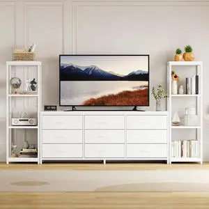 Patikuin TV Stand Dresser for 75 Inch TV, Large Entertainment Center with Fabric Drawers & 4-Tier Storage Shelves, Modern Industrial TV Console for Living Room (White, 9 Drawers) Patikuin TV Stand Dresser for 75 Inch TV, Large Entertainment Center with Fabric Drawers & 4-Tier Storage Shelves, Modern Industrial TV Console for Living Room (White, 9 Drawers)