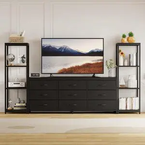 Patikuin TV Stand Dresser for 75 Inch TV, Large Entertainment Center with Fabric Drawers & 4-Tier Storage Shelves, Modern Industrial TV Console for Living Room (Black, 9 Drawers) Patikuin TV Stand Dresser for 75 Inch TV, Large Entertainment Center with Fabric Drawers & 4-Tier Storage Shelves, Modern Industrial TV Console for Living Room (Black, 9 Drawers)