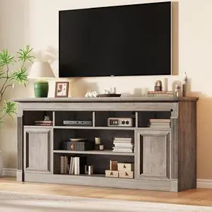 67-Inch Farmhouse Entertainment Center Open Storage TV Stand for 75-Inch TVs, Media Console for Living Room, Gray (Only TV Stand, No Fireplace) 67-Inch Farmhouse Entertainment Center Open Storage TV Stand for 75-Inch TVs, Media Console for Living Room, Gray (Only TV Stand, No Fireplace)