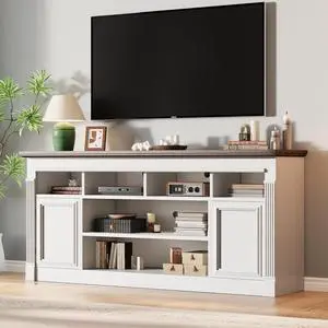 67-Inch Farmhouse Entertainment Center Open Storage TV Stand for 75-Inch TVs, Media Console for Living Room, White+Brown (Only TV Stand, No Fireplace) 67-Inch Farmhouse Entertainment Center Open Storage TV Stand for 75-Inch TVs, Media Console for Living Room, White+Brown (Only TV Stand, No Fireplace)