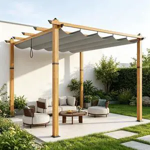 Patikuin Retractable Aluminum Pergola with Wood-Grain Finish, 10x10 FT Modern Metal Pavilion Gazebo, UV Protection Sun Shelter for Patio, Deck, Backyard, Grey Patikuin Retractable Aluminum Pergola with Wood-Grain Finish, 10x10 FT Modern Metal Pavilion Gazebo, UV Protection Sun Shelter for Patio, Deck, Backyard, Grey