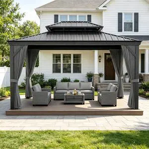 Patikuin Permanent Hardtop Gazebo with Double Layer Steel Roof, 12x16 FT Weather-Resistant Outdoor Pavilion with Curtains & Netting, Aluminum Frame for Patio, Backyard, Garden Patikuin Permanent Hardtop Gazebo with Double Layer Steel Roof, 12x16 FT Weather-Resistant Outdoor Pavilion with Curtains & Netting, Aluminum Frame for Patio, Backyard, Garden
