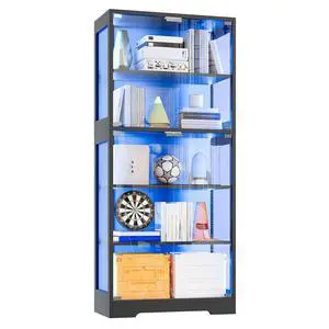 Patikuin 5 Layer Display Cabinet with Glass Doors, Modern Curio Cabinet with RGB Color Lights,Glass Display Cases for Collectibles, Tall Storage Cabinet(Black) Patikuin 5 Layer Display Cabinet with Glass Doors, Modern Curio Cabinet with RGB Color Lights,Glass Display Cases for Collectibles, Tall Storage Cabinet(Black)