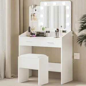 Patikuin Vanity Desk with Mirror and Lights for Bedroom, White Modern Makeup Table with 2 Drawers, 3 Light Modes & Dimmable LED, Includes Stool Patikuin Vanity Desk with Mirror and Lights for Bedroom, White Modern Makeup Table with 2 Drawers, 3 Light Modes & Dimmable LED, Includes Stool