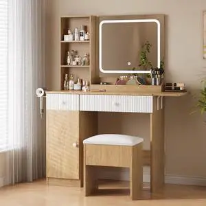 Patikuin Vanity Desk with Mirror and Lights, Natural Makeup Vanity with Charging Station, Dressing Table Set with Storage Chair, Drawer Shelves, and Foldable Panel for Compact Space Bedroom, Natural Patikuin Vanity Desk with Mirror and Lights, Natural Makeup Vanity with Charging Station, Dressing Table Set with Storage Chair, Drawer Shelves, and Foldable Panel for Compact Space Bedroom, Natural