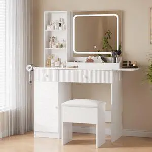 Patikuin Vanity Desk with Mirror and Lights, White Makeup Vanity with Charging Station, Dressing Table Set with Storage Chair, Drawer Shelves, and Foldable Panel for Compact Space Bedroom, White Patikuin Vanity Desk with Mirror and Lights, White Makeup Vanity with Charging Station, Dressing Table Set with Storage Chair, Drawer Shelves, and Foldable Panel for Compact Space Bedroom, White