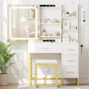 Patikuin White Vanity Desk with Mirror and Lights, Makeup Vanity Desk with Sliding LED Lighted Mirror, Power Outlet, Makeup Vanity Set with 4 Drawers, Storage Shelves, Cushioned Stool for Bedroom Patikuin White Vanity Desk with Mirror and Lights, Makeup Vanity Desk with Sliding LED Lighted Mirror, Power Outlet, Makeup Vanity Set with 4 Drawers, Storage Shelves, Cushioned Stool for Bedroom