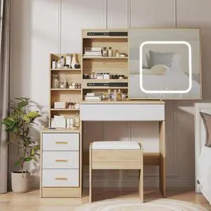 Patikuin Vanity Desk with Mirror and LED Lights, Makeup Vanity Desk with Sliding Lighted Mirror, Power Outlet, Dressing Table with 4 Drawers, Storage Shelves & Cushioned Stool for Bedroom, Natural Patikuin Vanity Desk with Mirror and LED Lights, Makeup Vanity Desk with Sliding Lighted Mirror, Power Outlet, Dressing Table with 4 Drawers, Storage Shelves & Cushioned Stool for Bedroom, Natural