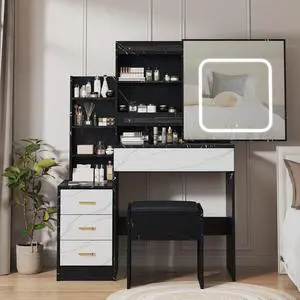 Patikuin Vanity Desk with Mirror and LED Lights, Makeup Vanity Desk with Sliding Lighted Mirror, Power Outlet, Dressing Table with 4 Drawers, Storage Shelves & Stool for Bedroom, Marble-Black & White Patikuin Vanity Desk with Mirror and LED Lights, Makeup Vanity Desk with Sliding Lighted Mirror, Power Outlet, Dressing Table with 4 Drawers, Storage Shelves & Stool for Bedroom, Marble-Black & White