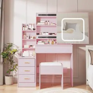 Patikuin Vanity Desk with Mirror and LED Lights, Makeup Vanity Desk with Sliding Lighted Mirror, Power Outlet, Dressing Table with 4 Drawers, Storage Shelves & Cushioned Stool for Bedroom, Pink Patikuin Vanity Desk with Mirror and LED Lights, Makeup Vanity Desk with Sliding Lighted Mirror, Power Outlet, Dressing Table with 4 Drawers, Storage Shelves & Cushioned Stool for Bedroom, Pink
