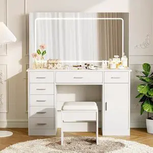 Patikuin Makeup Vanity Desk with Lights & Mirror - 3 Light Modes, Brightness Adjustable, 7-Drawer Dressing Table with Hairdryer Holder, White for Bedroom Patikuin Makeup Vanity Desk with Lights & Mirror - 3 Light Modes, Brightness Adjustable, 7-Drawer Dressing Table with Hairdryer Holder, White for Bedroom