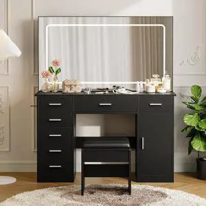 Patikuin Makeup Vanity Desk with Lights & Mirror - 3 Light Modes, Brightness Adjustable, 7-Drawer Dressing Table with Hairdryer Holder, Black for Bedroom Patikuin Makeup Vanity Desk with Lights & Mirror - 3 Light Modes, Brightness Adjustable, 7-Drawer Dressing Table with Hairdryer Holder, Black for Bedroom
