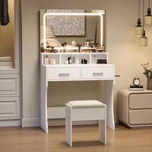 Patikuin Vanity Desk with Mirror and Lights, Makeup Vanity Table Set with Drawers, Charging Station & Stool, Compact Wood Make Up Dressing Table for Girls Bedroom, Dorm Apartments, White Patikuin Vanity Desk with Mirror and Lights, Makeup Vanity Table Set with Drawers, Charging Station & Stool, Compact Wood Make Up Dressing Table for Girls Bedroom, Dorm Apartments, White