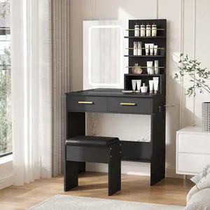 Patikuin Vanity Desk Set with Mirror and Lights, Makeup Vanity with 2 Drawers & Open Storage Shelves, Cabinet, 3 Lighting Modes Adjustable Brightness, Bedroom Dressing Table with Chair Patikuin Vanity Desk Set with Mirror and Lights, Makeup Vanity with 2 Drawers & Open Storage Shelves, Cabinet, 3 Lighting Modes Adjustable Brightness, Bedroom Dressing Table with Chair