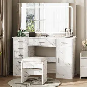 Vanity Desk with Large Mirror and Lights, Makeup Vanity with Power Outlet, 7 Drawers & Cushioned Stool, 3 Lighting Color Adjustable, Dressing Table with Hairdryer Holder for Bedroom, Marble White Vanity Desk with Large Mirror and Lights, Makeup Vanity with Power Outlet, 7 Drawers & Cushioned Stool, 3 Lighting Color Adjustable, Dressing Table with Hairdryer Holder for Bedroom, Marble White