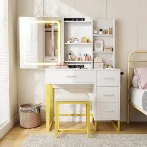 Patikuin Vanity Desk with Mirror and Lights, Power Outlets, Wood Makeup Vanity Table with Cushioned Chair, Hairdryer Holder, 3 Lighting Colors, 4 Drawers and 5 Storage Shelves for Bedroom, White Patikuin Vanity Desk with Mirror and Lights, Power Outlets, Wood Makeup Vanity Table with Cushioned Chair, Hairdryer Holder, 3 Lighting Colors, 4 Drawers and 5 Storage Shelves for Bedroom, White