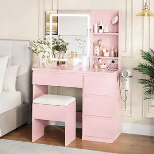 Vanity Desk with Mirror and LED Light, Vanity Desk with 4 Drawers, Power Outlet, Storage Stool, Storage Shelves & Hair Dryer Holder, Adjustable 3 Lighting Mode, Makeup Vanity Set for Bedroom, Pink Vanity Desk with Mirror and LED Light, Vanity Desk with 4 Drawers, Power Outlet, Storage Stool, Storage Shelves & Hair Dryer Holder, Adjustable 3 Lighting Mode, Makeup Vanity Set for Bedroom, Pink