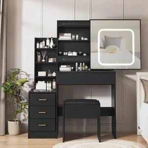 Vanity Desk with Mirror and LED Lights, Makeup Vanity Desk with Sliding Lighted Mirror, Power Outlet, Dressing Table with 4 Drawers, Storage Shelves & Stool for Bedroom, Black Vanity Desk with Mirror and LED Lights, Makeup Vanity Desk with Sliding Lighted Mirror, Power Outlet, Dressing Table with 4 Drawers, Storage Shelves & Stool for Bedroom, Black