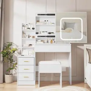 Vanity Desk with Mirror and LED Lights, Makeup Vanity Desk with Sliding Lighted Mirror, Power Outlet, Dressing Table with 4 Drawers, Storage Shelves & Stool for Bedroom, White Vanity Desk with Mirror and LED Lights, Makeup Vanity Desk with Sliding Lighted Mirror, Power Outlet, Dressing Table with 4 Drawers, Storage Shelves & Stool for Bedroom, White