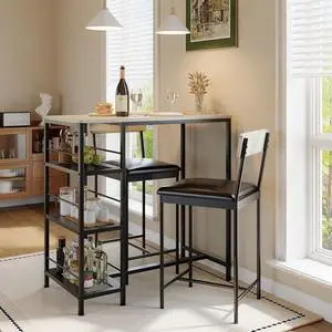 Space-Saving 3-Piece Dining Table Set for 2 Counter Height Table with Upholstered Bar Stools, 3-Tier Storage Shelves, Built-in Wine Rack, Metal Frame Kitchen, Apartment, Breakfast Nook Oak Space-Saving 3-Piece Dining Table Set for 2 Counter Height Table with Upholstered Bar Stools, 3-Tier Storage Shelves, Built-in Wine Rack, Metal Frame Kitchen, Apartment, Breakfast Nook Oak