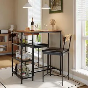 Space-Saving 3-Piece Dining Table Set for 2 Counter Height Bar Table with 2 Upholstered Stools, 3-Tier Storage Shelves, Built-in Wine Rack, Metal Frame Modern Living Room & Kitchen, Brown Space-Saving 3-Piece Dining Table Set for 2 Counter Height Bar Table with 2 Upholstered Stools, 3-Tier Storage Shelves, Built-in Wine Rack, Metal Frame Modern Living Room & Kitchen, Brown
