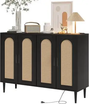 Patikuin Rattan Sideboard Buffet Cabinet, Boho Accent Storage Cabinet, 4 Doors Console Table Coffee Bar with Power Outlet, Adjustable Shelves for Kitchen, Dining Room, Hallway, Living Room (Black_2) Patikuin Rattan Sideboard Buffet Cabinet, Boho Accent Storage Cabinet, 4 Doors Console Table Coffee Bar with Power Outlet, Adjustable Shelves for Kitchen, Dining Room, Hallway, Living Room (Black_2)