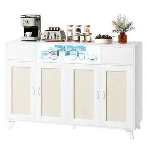 Rattan Sideboard Buffet Cabinet with Power Outlet & LED Lights 4 Door Accent Storage Cabinet, 2 Drawers Console Table with Adjustable Shelves, Modern Coffee Bar for Living Room, Dining Room, White Rattan Sideboard Buffet Cabinet with Power Outlet & LED Lights 4 Door Accent Storage Cabinet, 2 Drawers Console Table with Adjustable Shelves, Modern Coffee Bar for Living Room, Dining Room, White