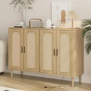 Patikuin Rattan Sideboard Buffet Cabinet, 4 Doors Accent Storage Cabinets, Console Table Coffee Bar with Power Outlet, Rattan Buffet Cabinet with Storage, Adjustable Shelves for Kitchen, Dining Room Patikuin Rattan Sideboard Buffet Cabinet, 4 Doors Accent Storage Cabinets, Console Table Coffee Bar with Power Outlet, Rattan Buffet Cabinet with Storage, Adjustable Shelves for Kitchen, Dining Room