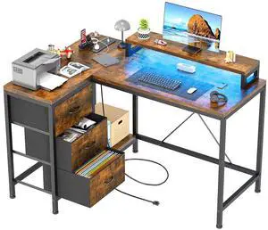 Patikuin L Shaped Desk with Power Outlets & LED Lights, Computer Desk with Drawers & Shelves, Corner Desk Gaming Desk Home Office Desk, Rustic Brown Patikuin L Shaped Desk with Power Outlets & LED Lights, Computer Desk with Drawers & Shelves, Corner Desk Gaming Desk Home Office Desk, Rustic Brown