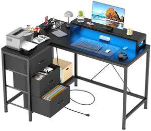 Patikuin L Shaped Desk with Power Outlets & LED Lights, Computer Desk with Drawers & Shelves, Corner Desk Gaming Desk Home Office Desk, Black Patikuin L Shaped Desk with Power Outlets & LED Lights, Computer Desk with Drawers & Shelves, Corner Desk Gaming Desk Home Office Desk, Black