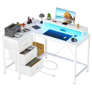 Patikuin L Shaped Desk with Power Outlets & LED Lights, Computer Desk with Drawers & Shelves, Corner Desk Gaming Desk Home Office Desk, White Patikuin L Shaped Desk with Power Outlets & LED Lights, Computer Desk with Drawers & Shelves, Corner Desk Gaming Desk Home Office Desk, White
