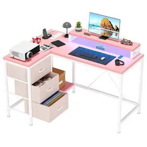 Patikuin L Shaped Desk with Power Outlets & LED Lights, Computer Desk with Drawers & Shelves, Corner Desk Gaming Desk Home Office Desk,Pink Patikuin L Shaped Desk with Power Outlets & LED Lights, Computer Desk with Drawers & Shelves, Corner Desk Gaming Desk Home Office Desk,Pink