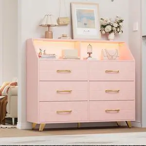 Patikuin 6 Drawer Dresser with LED Lights & Charging Station, Wooden Pink Dresser for Bedroom, Modern TV Stand Dressers & Chests of Drawers for Closet, Hallway, Entryway Patikuin 6 Drawer Dresser with LED Lights & Charging Station, Wooden Pink Dresser for Bedroom, Modern TV Stand Dressers & Chests of Drawers for Closet, Hallway, Entryway