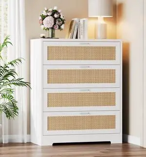 Patikuin Rattan 4 Drawer Dresser, Wood Tall Chest of Drawers, White | Rattan Dresser for Bedroom with Power Outlets, 4-Drawer Wood Tall Chest of Drawers Patikuin Rattan 4 Drawer Dresser, Wood Tall Chest of Drawers, White | Rattan Dresser for Bedroom with Power Outlets, 4-Drawer Wood Tall Chest of Drawers