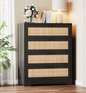 Patikuin Rattan 4 Drawer Dresser, Wood Tall Chest of Drawers, Black | Rattan Dresser for Bedroom with Power Outlets, 4-Drawer Wood Tall Chest of Drawers Patikuin Rattan 4 Drawer Dresser, Wood Tall Chest of Drawers, Black | Rattan Dresser for Bedroom with Power Outlets, 4-Drawer Wood Tall Chest of Drawers