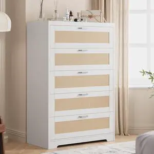 Patikuin Rattan 5 Drawer Dresser, Wood Tall Chest of Drawers, White | Rattan Dresser for Bedroom with Power Outlets, 5-Drawer Wood Tall Chest of Drawers Patikuin Rattan 5 Drawer Dresser, Wood Tall Chest of Drawers, White | Rattan Dresser for Bedroom with Power Outlets, 5-Drawer Wood Tall Chest of Drawers