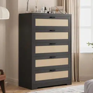 Patikuin Rattan 5 Drawer Dresser, Wood Tall Chest of Drawers, Black | Rattan Dresser for Bedroom with Power Outlets, 5-Drawer Wood Tall Chest of Drawers Patikuin Rattan 5 Drawer Dresser, Wood Tall Chest of Drawers, Black | Rattan Dresser for Bedroom with Power Outlets, 5-Drawer Wood Tall Chest of Drawers