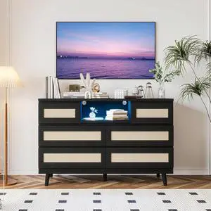 Patikuin Rattan 6 Drawer Dresser for Bedroom, Modern Farmhouse Wood Closet Dresser, Compact Chest of Drawers with LED Light and Charging Station, TV Stand, Nursery, Entryway, Hallway, Black Patikuin Rattan 6 Drawer Dresser for Bedroom, Modern Farmhouse Wood Closet Dresser, Compact Chest of Drawers with LED Light and Charging Station, TV Stand, Nursery, Entryway, Hallway, Black