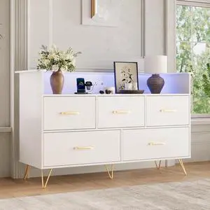 Patikuin White Dresser for Bedroom, 47" Wide Chest of Drawers with LED Lights, Charging Station & 5 Smooth-Sliding Drawers, Modern Wood Storage Cabinet for Entryway, Hallway, Living Room Patikuin White Dresser for Bedroom, 47" Wide Chest of Drawers with LED Lights, Charging Station & 5 Smooth-Sliding Drawers, Modern Wood Storage Cabinet for Entryway, Hallway, Living Room