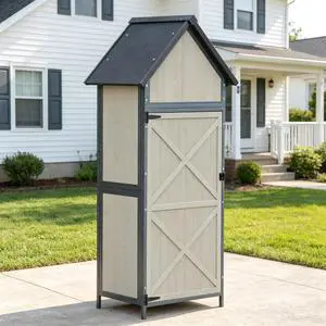 Patikuin Vertical Wooden Outdoor Storage Cabinet with Sturdy Metal Frame, Weatherproof Tool Shed, Gray Finish, Large Capacity for Garden Tools & Patio Accessories Patikuin Vertical Wooden Outdoor Storage Cabinet with Sturdy Metal Frame, Weatherproof Tool Shed, Gray Finish, Large Capacity for Garden Tools & Patio Accessories