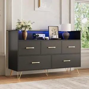 Patikuin Black Dresser for Bedroom, 47" Wide Chest of Drawers with LED Lights, Charging Station & 5 Smooth-Sliding Drawers, Modern Wood Storage Cabinet for Entryway, Hallway, Living Room Patikuin Black Dresser for Bedroom, 47" Wide Chest of Drawers with LED Lights, Charging Station & 5 Smooth-Sliding Drawers, Modern Wood Storage Cabinet for Entryway, Hallway, Living Room
