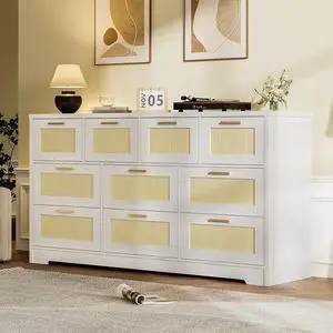 Patikuin 59" Rattan 10 Drawer Dresser, Modern Farmhouse Wood Chest of Drawers for Bedroom, Wide Storage Organizer TV Stand for Living Room, Entryway, Closet, White Patikuin 59" Rattan 10 Drawer Dresser, Modern Farmhouse Wood Chest of Drawers for Bedroom, Wide Storage Organizer TV Stand for Living Room, Entryway, Closet, White