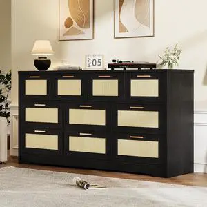 Patikuin 59" Rattan 10 Drawer Dresser, Modern Farmhouse Wood Chest of Drawers for Bedroom, Wide Storage Organizer TV Stand for Living Room, Entryway, Closet, Black Patikuin 59" Rattan 10 Drawer Dresser, Modern Farmhouse Wood Chest of Drawers for Bedroom, Wide Storage Organizer TV Stand for Living Room, Entryway, Closet, Black