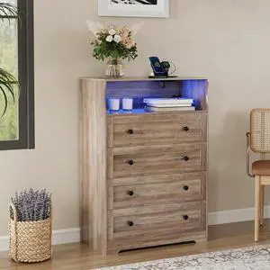 Patikuin 45.2" Tall 4-Drawer Dresser with Charging Station & LED Light, Skinny Vertical Chest of Drawers with Open Shelf, Bedroom Dresser for Closet, Nursery, Apartments, Grey Patikuin 45.2" Tall 4-Drawer Dresser with Charging Station & LED Light, Skinny Vertical Chest of Drawers with Open Shelf, Bedroom Dresser for Closet, Nursery, Apartments, Grey