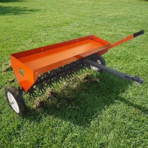 Heavy-Duty 40-Inch Tow-Behind Spike Aerator, Pull Behind Lawn Dethatcher with Adjustable Handle, Transport Wheels & Tray, Orange & Black Finish, Ideal for Lawn, Garden & Farm Soil Aeration Heavy-Duty 40-Inch Tow-Behind Spike Aerator, Pull Behind Lawn Dethatcher with Adjustable Handle, Transport Wheels & Tray, Orange & Black Finish, Ideal for Lawn, Garden & Farm Soil Aeration