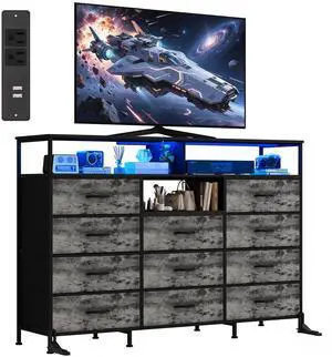 Dresser for Bedroom with LED Lights & Charging Station, 11 Drawer Dressers & Chests of Drawers, Steel Frame, Wood Top, 55 Fabric Dresser TV Stand for Bedroom,Hallway, Storage Organization, Entryway Dresser for Bedroom with LED Lights & Charging Station, 11 Drawer Dressers & Chests of Drawers, Steel Frame, Wood Top, 55 Fabric Dresser TV Stand for Bedroom,Hallway, Storage Organization, Entryway