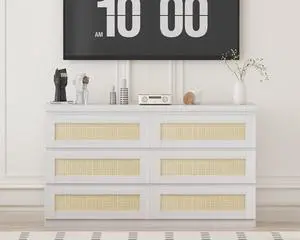 Patikuin Rattan Dresser for Bedroom, Modern 6 Drawer Dresser, Wide Chest of Drawers with Anti-Tip Kit & Smooth Slide Rail, Wood Storage Dressers for Closet, Hallway, Living Room, White Patikuin Rattan Dresser for Bedroom, Modern 6 Drawer Dresser, Wide Chest of Drawers with Anti-Tip Kit & Smooth Slide Rail, Wood Storage Dressers for Closet, Hallway, Living Room, White