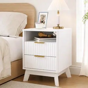 Patikuin Fluted Nightstand with Charging Station, 2-Drawer End Table with Open Shelf, Modern White Wood Bedside Cabinet, Sofa Side Table with USB & Outlets, White Patikuin Fluted Nightstand with Charging Station, 2-Drawer End Table with Open Shelf, Modern White Wood Bedside Cabinet, Sofa Side Table with USB & Outlets, White