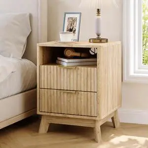 Patikuin Fluted Nightstand with Charging Station, 2-Drawer End Table with Open Shelf, Modern White Wood Bedside Cabinet, Sofa Side Table with USB & Outlets, Oak Patikuin Fluted Nightstand with Charging Station, 2-Drawer End Table with Open Shelf, Modern White Wood Bedside Cabinet, Sofa Side Table with USB & Outlets, Oak