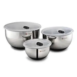HexClad Stainless Steel Mixing Bowl Set, 3-Piece with Vacuum Seal Lids and Non-Slip Base, 1.3,3 and 5 Quarts HexClad Stainless Steel Mixing Bowl Set, 3-Piece with Vacuum Seal Lids and Non-Slip Base, 1.3,3 and 5 Quarts